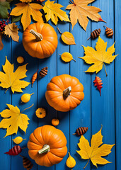 Fototapeta premium Pumpkins and autumn leaves are arranged on a blue wooden background in a seasonal and festive decoration setup.