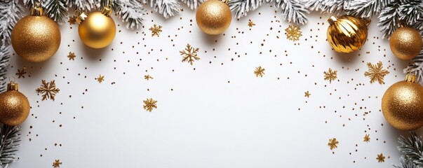 A festive arrangement featuring gold ornaments, snowflakes, and greenery, creating a cheerful holiday backdrop.