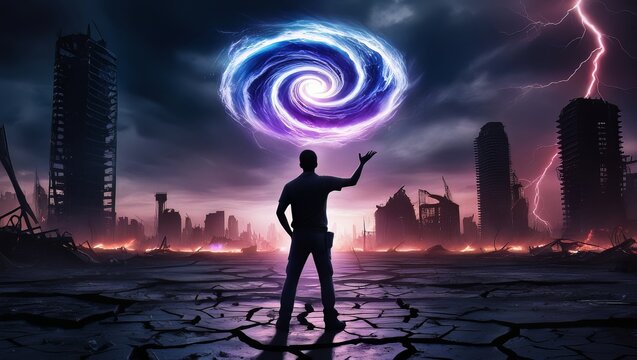 a man trying to open portal to another world ,fantasy concept - Powered by Adobe