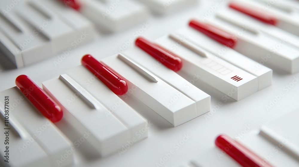 Poster a close-up of sleek white and red objects arranged in a pattern, highlighting modern design elements