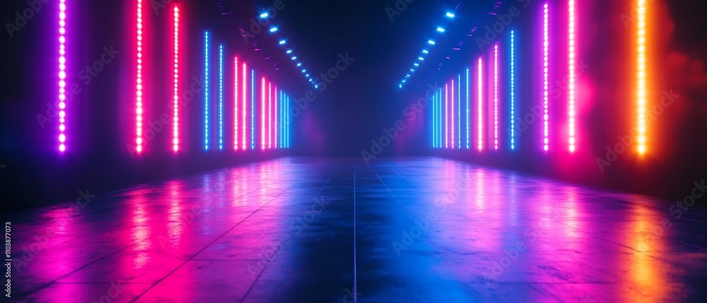 Poster vibrant and futuristic led light tunnel with dynamic mesmerizing color movement and illumination cre