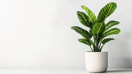 Potted green houseplant with large vibrant leaves against a plain white background, showcasing indoor plant decor in a minimalist style setting.