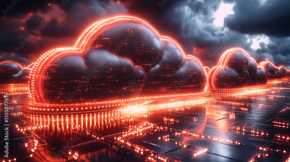 Poster digital clouds illuminated by neon lights creating a futuristic landscape at twilight. generative ai