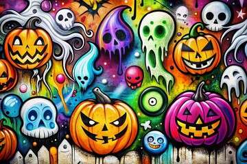 Surreal Graffiti Spray Patterns Featuring Halloween Symbols Like Ghosts, Spirits, Skulls, and Pumpkins on White Background for Stickers, Banners, Street Art, and Decorations