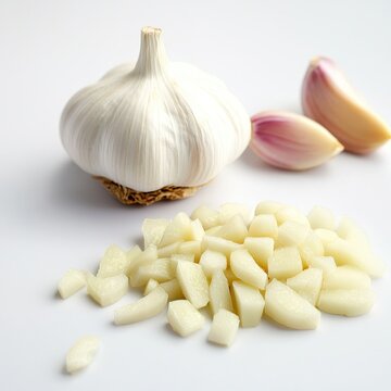 Fresh garlic cloves and minced garlic on a white background, showcasing their texture and color.
