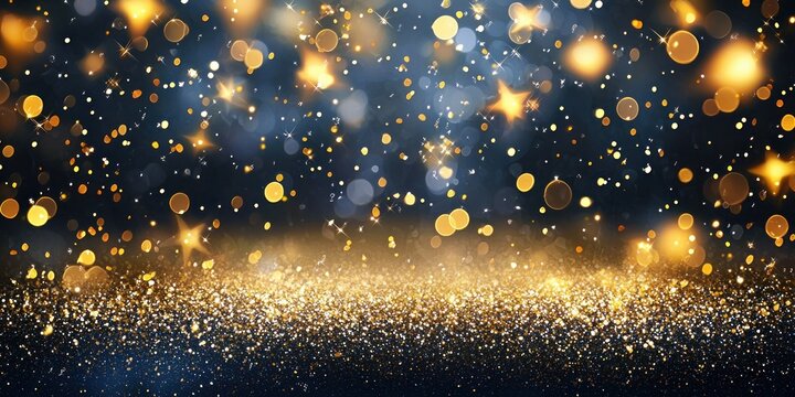 Gold confetti background with metallic flecks floating against a dark background, for an elegant, upscale look.