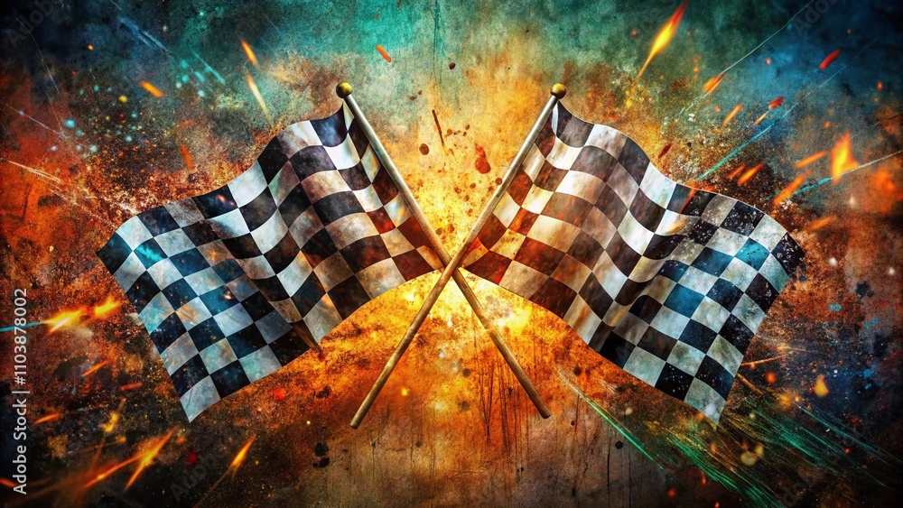 Poster surreal grunge checkered flags with dynamic motion effects for racing enthusiasts and art lovers