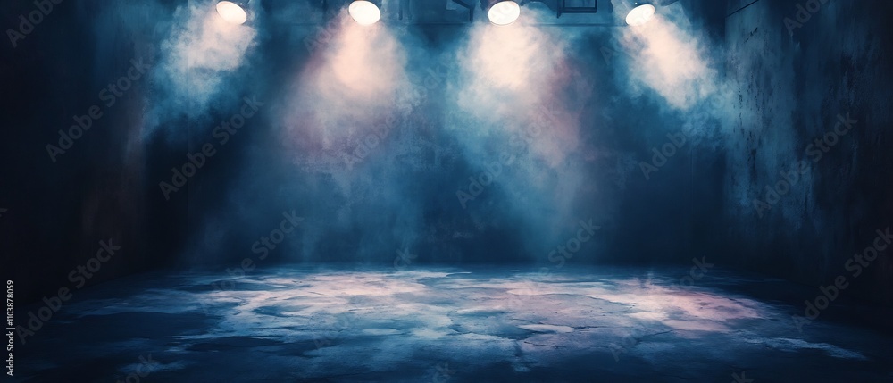 Poster dramatic concert stage with multiple spotlights crisscrossing to create a moody atmospheric lighting