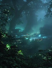 Obraz premium A futuristic sci-fi scene features a misty forest with glowing plants and strange lights illuminating the air as smoke rises from a spaceship's engines, glowing plants, sci-fi scene