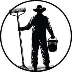 a black silhouette of a man wearing a cowboy hat and holding a rake