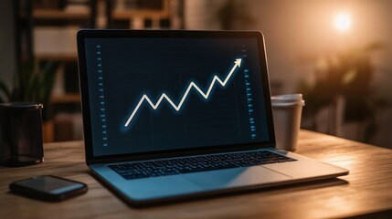 Laptop displaying a rising graph on a wooden desk.