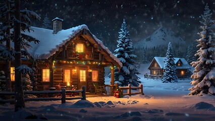 Fototapeta premium Christmas wooden cabin in the woods lit up at night while the snow falls