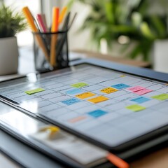 Colorful Calendar with Sticky Notes on Desk
