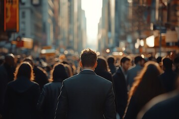 Golden Hour Businessman Walking Through Dense City Crowd