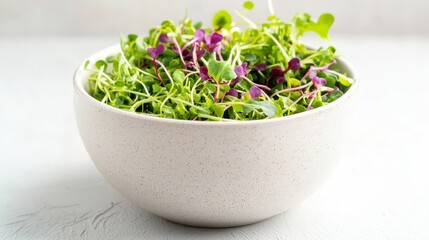 Fresh microgreens in a textured bowl, showcasing vibrant green leaves and purple accents, perfect for salads and garnishes.