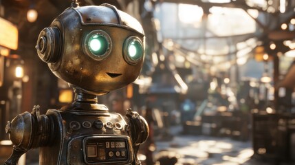 Charming Retro Robot with Bright Eyes in a Steampunk Workshop Setting, Showcasing Intricate Design and Nostalgic Vibes, Perfect for Technology and Fantasy Themes