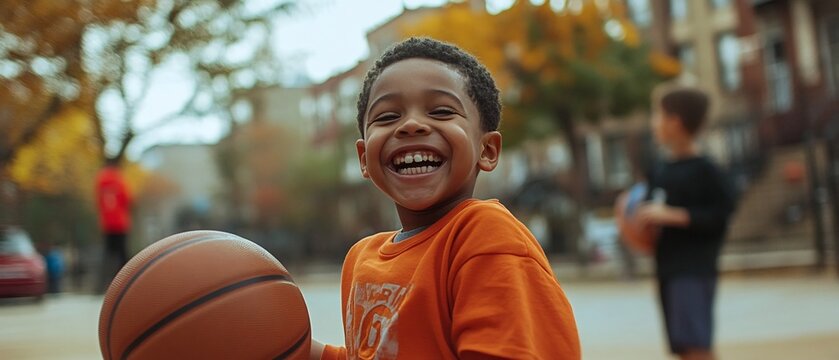 Joyful and Energetic Kids Engaged in Friendly Basketball Shootout and Playful Competition in an Urban Outdoor Court Setting with Positive Vibes and Laughter