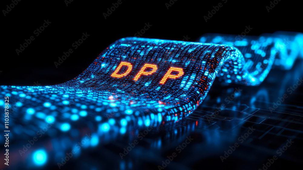 Poster binary code stream forming dpp digital product passport with futuristic tech elements