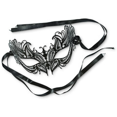 A delicate black lace mask with ribbons, often used for masquerade events or costume parties.