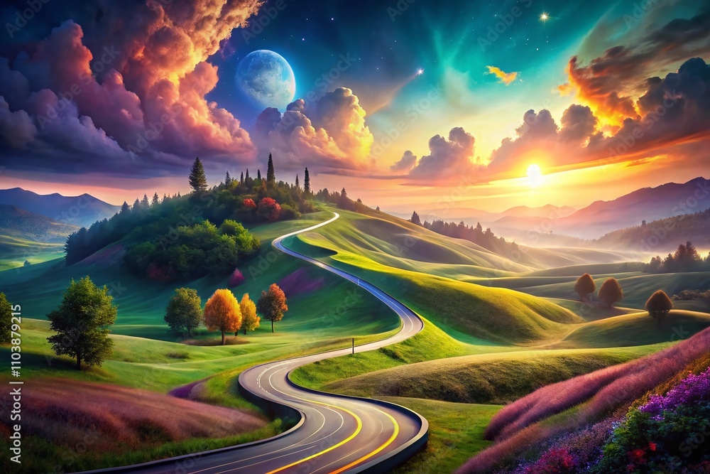 Poster surreal infographic template featuring a dreamlike road with five steps highlighted, ideal for visua