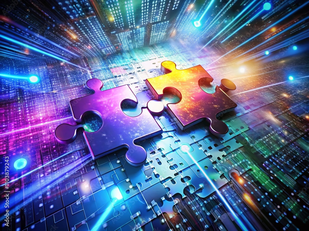 Poster surreal integration of puzzle pieces over a digital data background symbolizing connectivity and sol