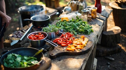 Obraz premium Gourmet ingredients laid out at a campsite, ready for a sophisticated outdoor cooking experience.