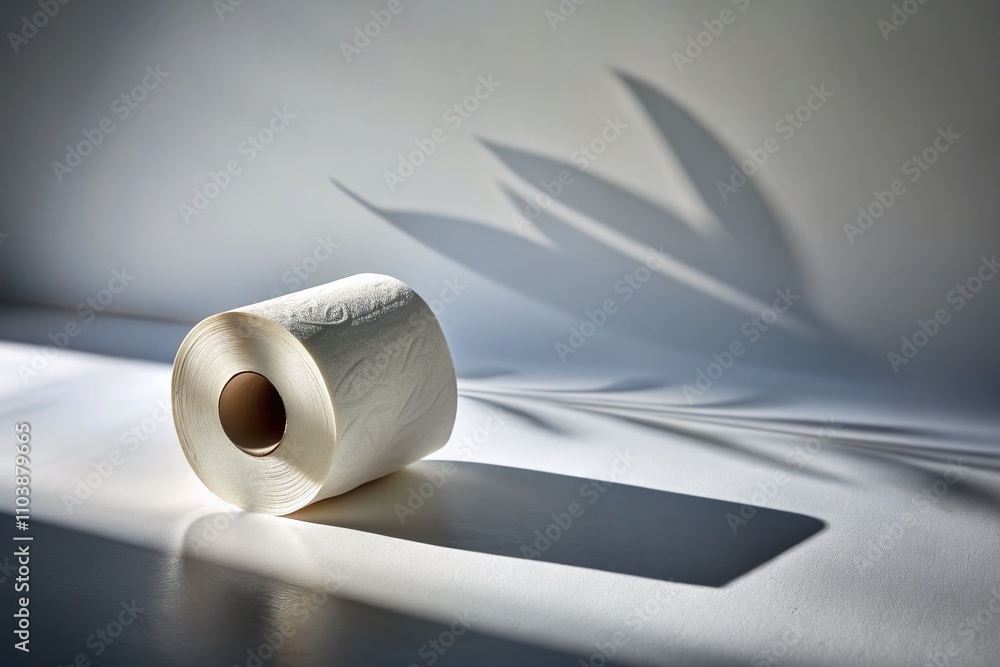 Poster surrealistic depiction of an isolated roll of toilet paper on a white background with dreamlike elem
