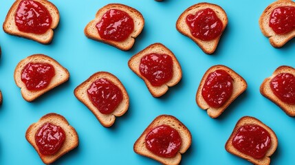 Multiple slices of toasted bread with strawberry jam on a blue background arranged in a pattern