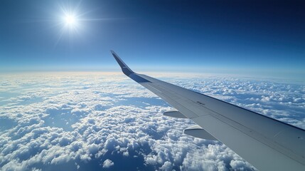 Obraz premium Closed-up of airplane wing and flaps during flight, sky backdrop, ample copy space, more clarity with clear light and sharp focus, high detailed.