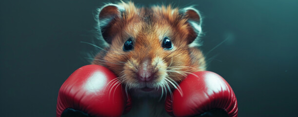 Image features a hamster wearing red boxing gloves with a perturbed expression, poised for a playful challenge. Blue background adds liveliness.