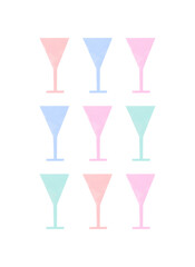 Minimalist Print with Colorful Cocktail Glasses. Funny Prints with Summer Drinks Hand Drawn on a White Background. Simple Modern Art with Alkohol Drinks. 