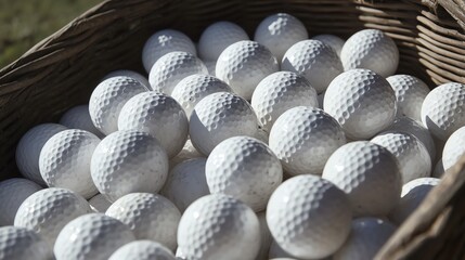 A close-up view of a basket filled with white golf balls, showcasing their textured surface and round shape.