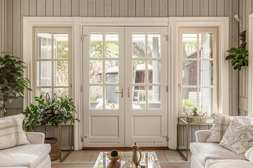 Sunroom interior with white French doors, wooden walls, front door view, light grey wood paneling, cream window frames, plants, coffee table near entrance.