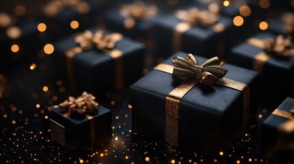A group of black boxes with gold bows on them