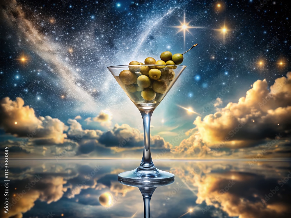 Poster surreal martini glass with floating olives in a dreamlike setting under a starry sky, merging realit