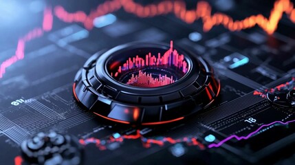 Obraz premium Futuristic Data Visualization with Glowing Elements and Stock Market Trends Represented in a Dark, Tech-Inspired Background