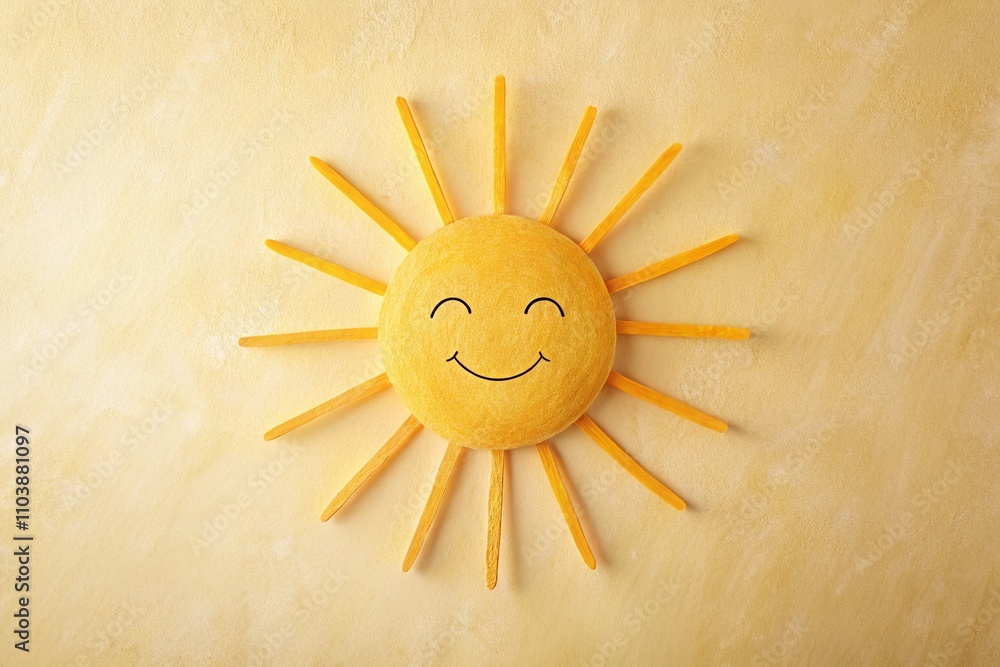 Poster Surreal Minimalist Hand-Drawn Sun with a Smiling Face and Soft Yellow Rays Radiating Warmth and Joy in a Clean and Inviting Design for Artistic and Whimsical Imagery