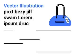 Fashion handbag with price tag, blue with black accents. Placeholder text on white background. Ideal for retail, marketing, fashion blogs, e-commerce, design templates, advertisements landing page