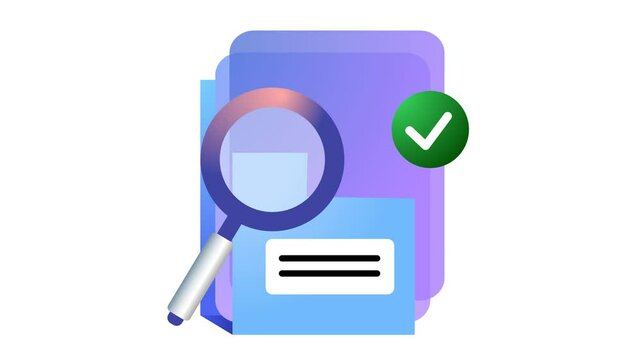A magnifying glass and a document with a checkmark. Icon animation. Alpha channel. Suitable for verified archive and approved folder video element content