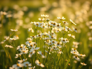Dense cluster of white Nigella sativa flowers blooming in a green field with warm sunlight filtering through the petals,  landscape,  green field,  field,  blooming flowers
