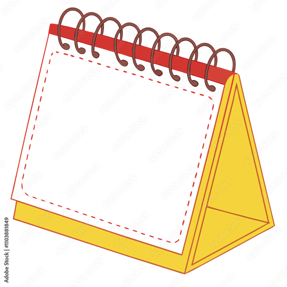 Poster a cheerful desk calendar with yellow and red highlights, spiral binding, dotted lines on the page, a