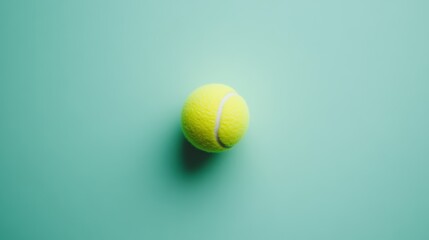 Studio shot of a fluorescent yellow tennis ball lying on a smooth, teal backdrop, creating a striking contrast and offering ample copy space for text or design elements
