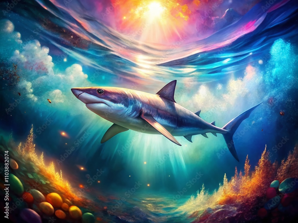 Poster surreal painting of a shark surrounded by ethereal waves and dreamlike colors with bokeh effect, cap