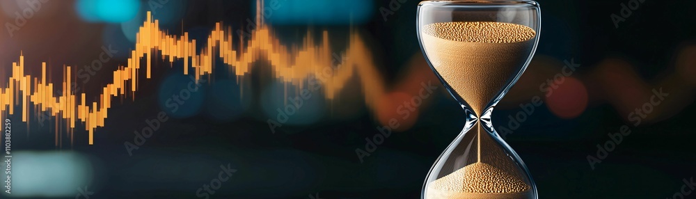 Poster private equity managers. hourglass with sand and a graph in the background representing time and dat