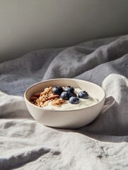 Healthy breakfast bowl cozy bedroom food photography natural light close-up nutrition benefits