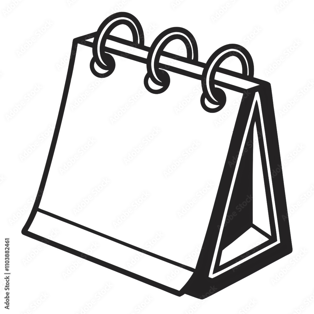 Poster a minimalistic, standing desk calendar with thick rings, featuring a simple triangular frame and bla