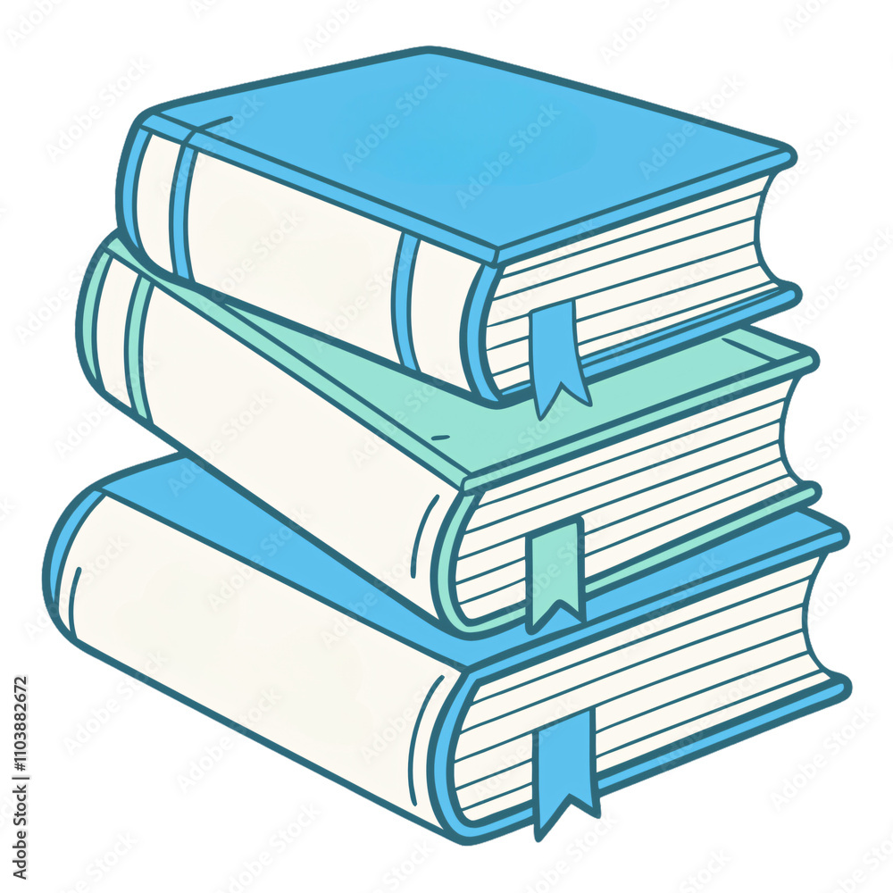 Poster a neat stack of blue and white books with bookmarks, symbolizing knowledge, education, and learning 