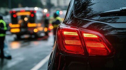 A close-up of a black car's rear light, set against a rainy urban backdrop with emergency vehicles in the distance.