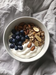 Healthy breakfast bowl home kitchen food photography cozy setting top view nutritional wellness