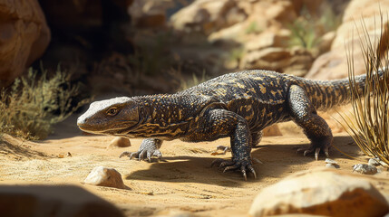 high resolution photo of monitor lizard in focus, showcasing its detailed scales and natural habitat. lizard is positioned on sandy terrain surrounded by rocks and vegetation, creating vivid scene
